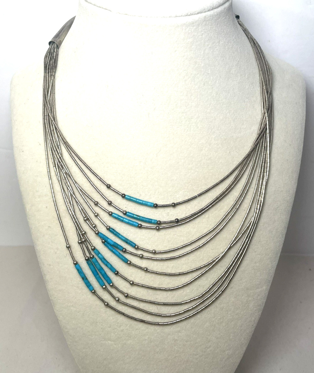 Native American Sterling Silver 10 strand Liquid Silver Turquoise Necklace 15 in